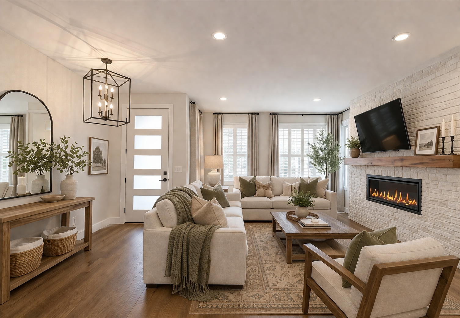 Refreshed living room with olive accents, layered textures and lantern lighting by Lux Lustre Homes