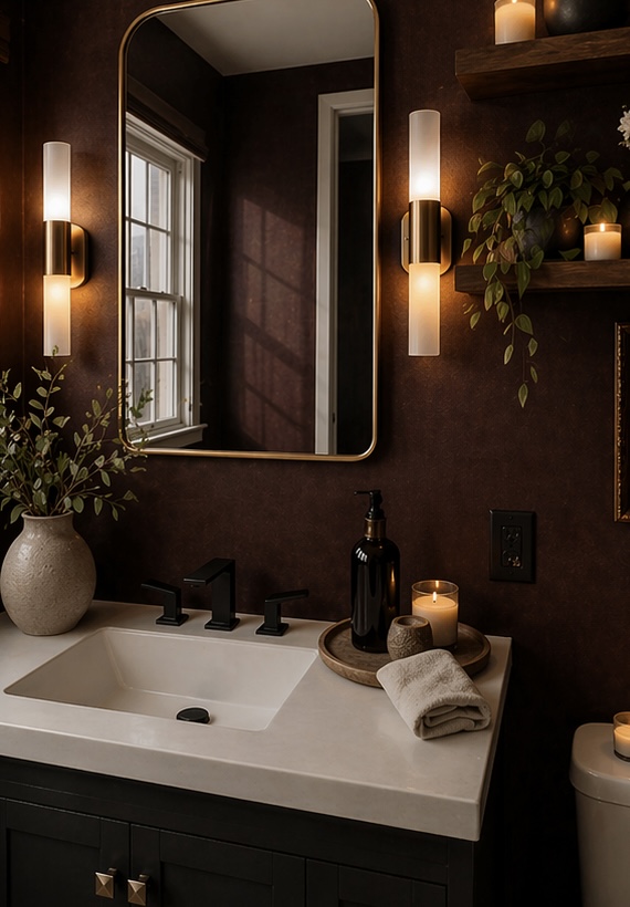 Moody bathroom with warm brown walls, brass sconces and greenery by Lux Lustre Homes