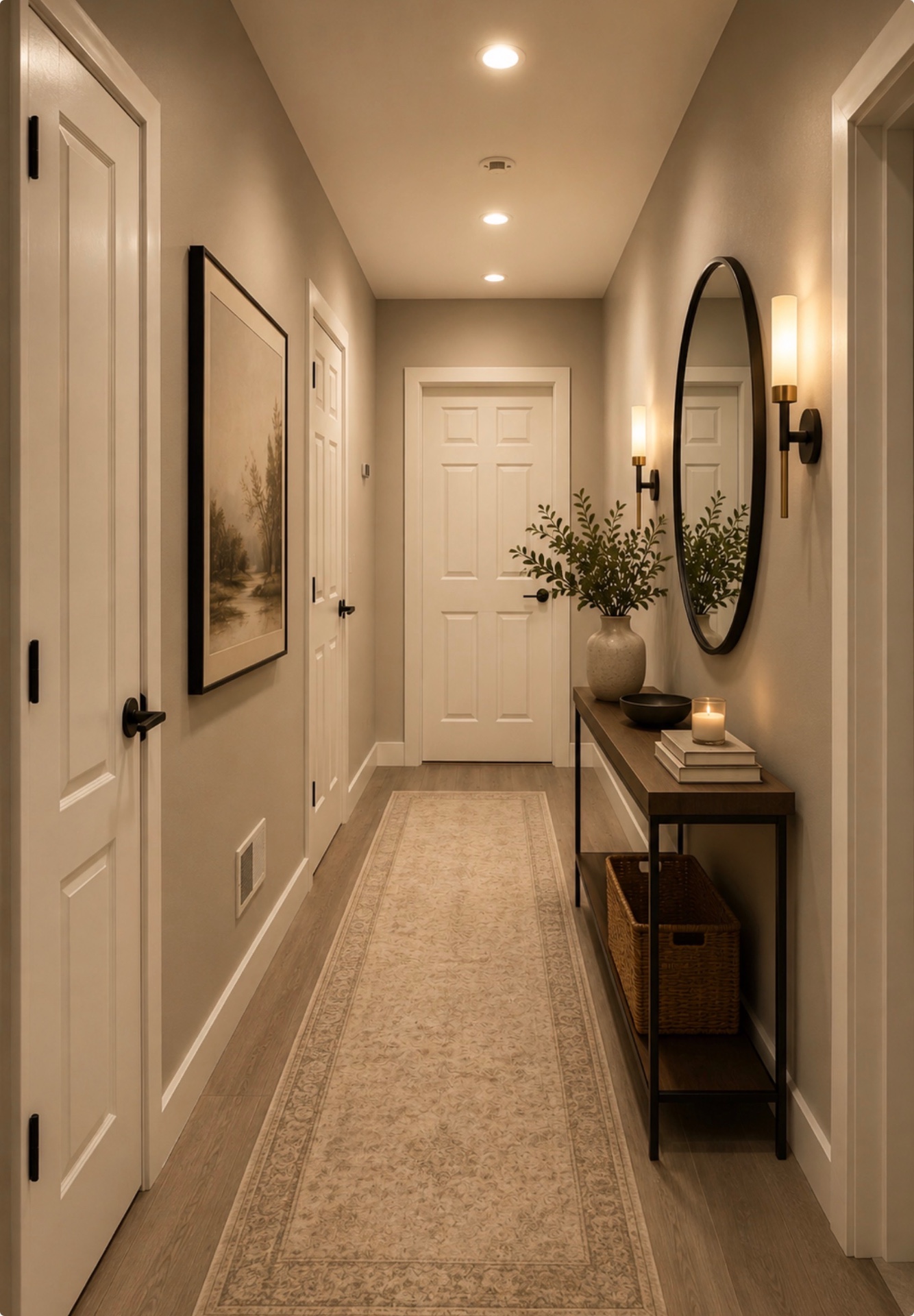 Warm, styled hallway with console, mirror, sconces and runner by Lux Lustre Homes