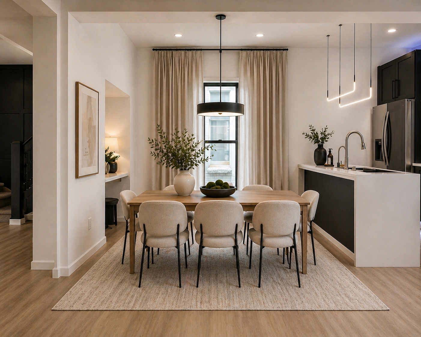 Fully staged dining and kitchen by Lux Lustre Homes