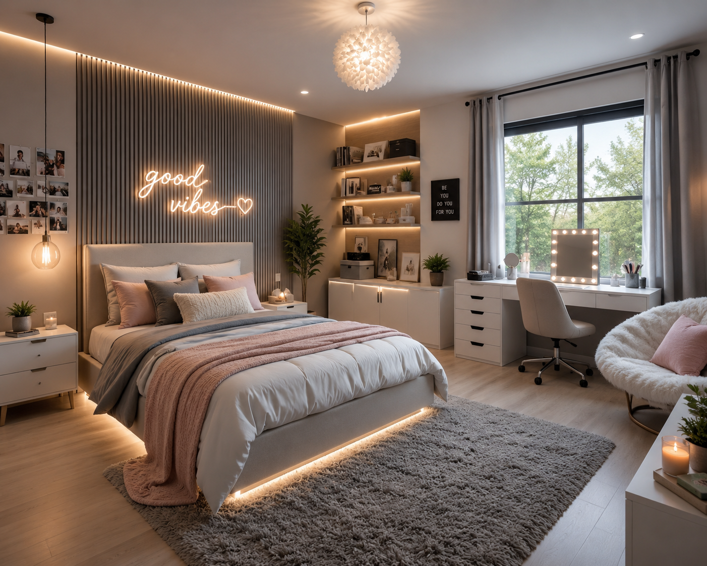Fully styled bedroom with layered textiles, art and warm lighting by Lux Lustre Homes