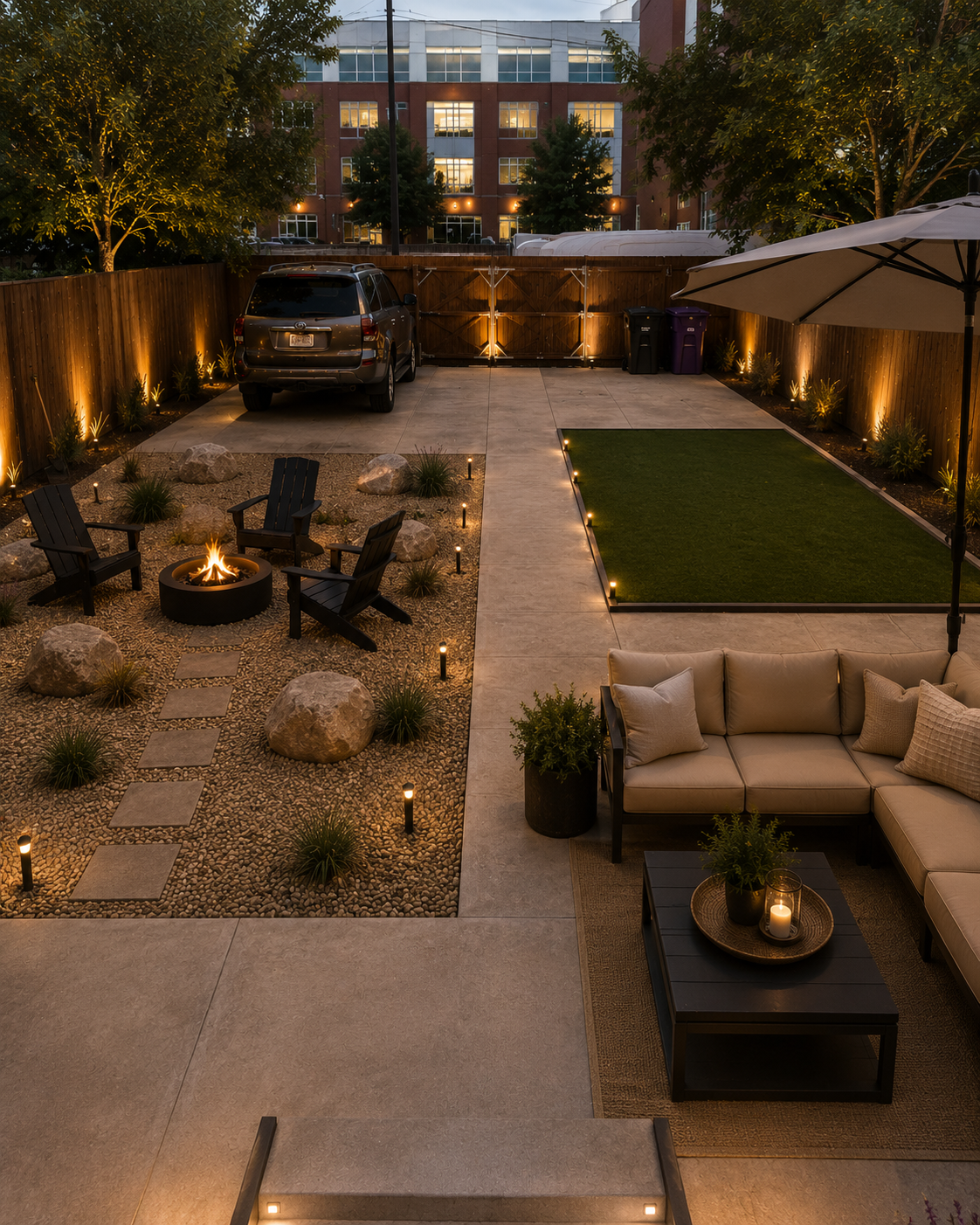 Transformed backyard with fire pit, lounge, turf and landscape lighting by Lux Lustre Homes
