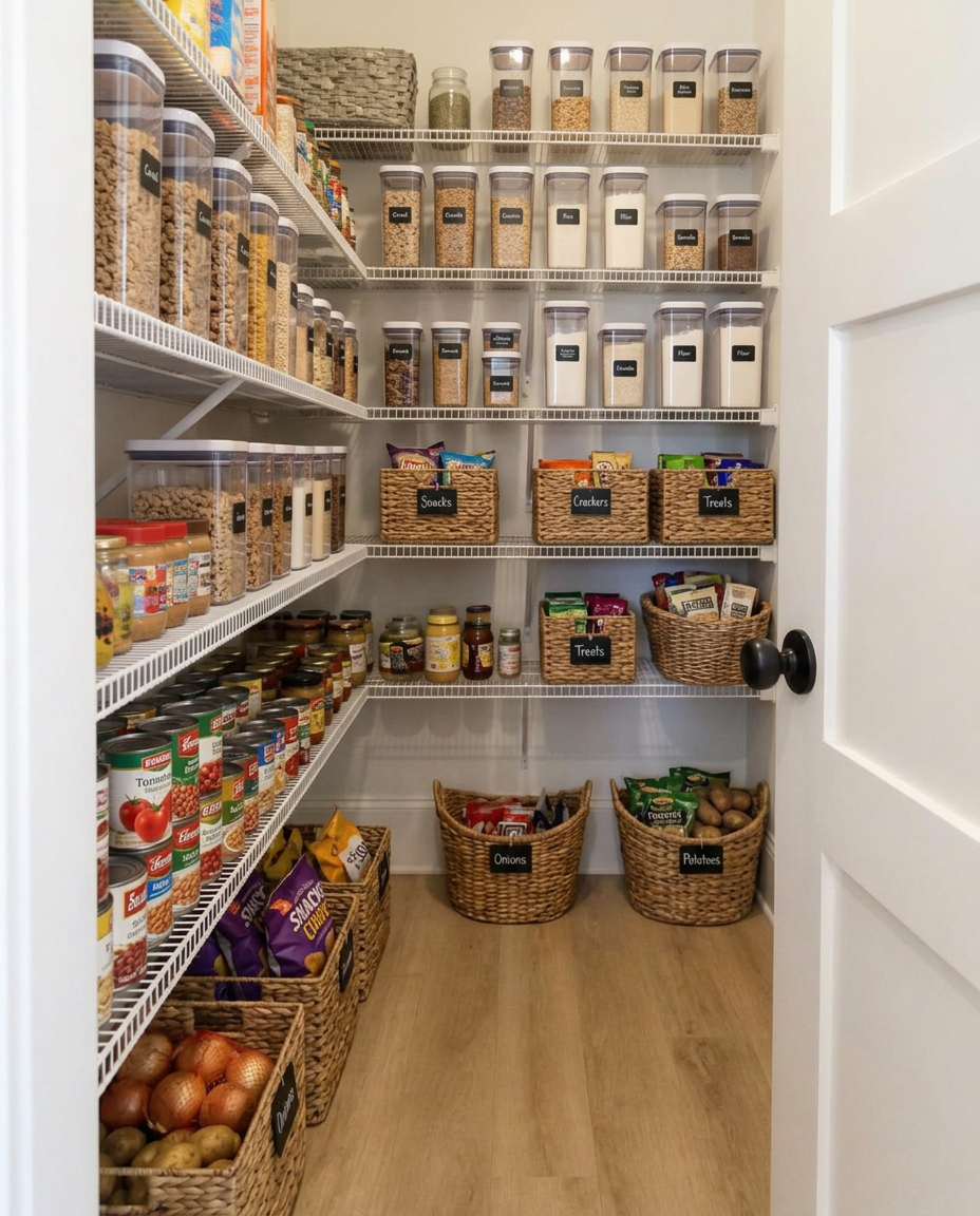 Beautifully organized pantry with labeled baskets and clear canisters by Lux Lustre Homes
